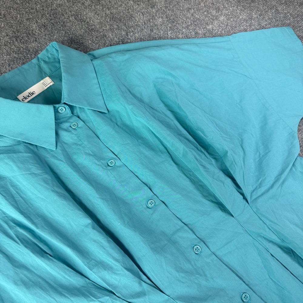 Elodie Button Down Top Women Large Teal Dolman Sleeve Pleated Waist Minimalist